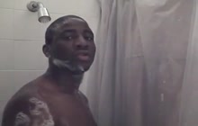 Hot black stud jerks off in the shower